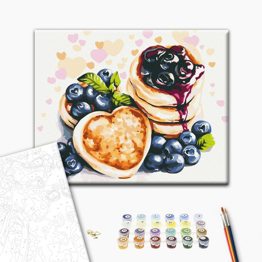 Käsekuchen mit Blaubeeren - Malen nach Zahlen Bild auf Leinwand mit Pinseln und Farben