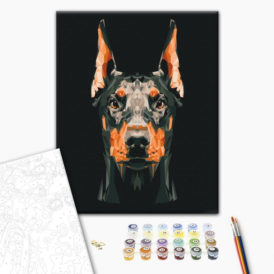 Polygon Dobermann - Malen nach Zahlen Bild auf Leinwand mit Pinseln und Farben