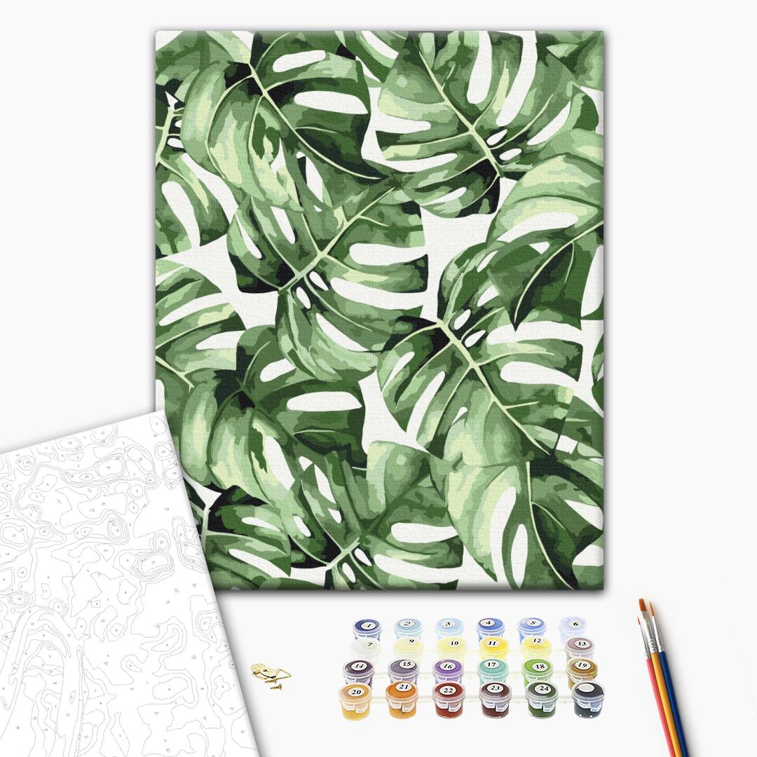 Exotische Monstera - Malen nach Zahlen Bild auf Leinwand mit Pinseln und Farben