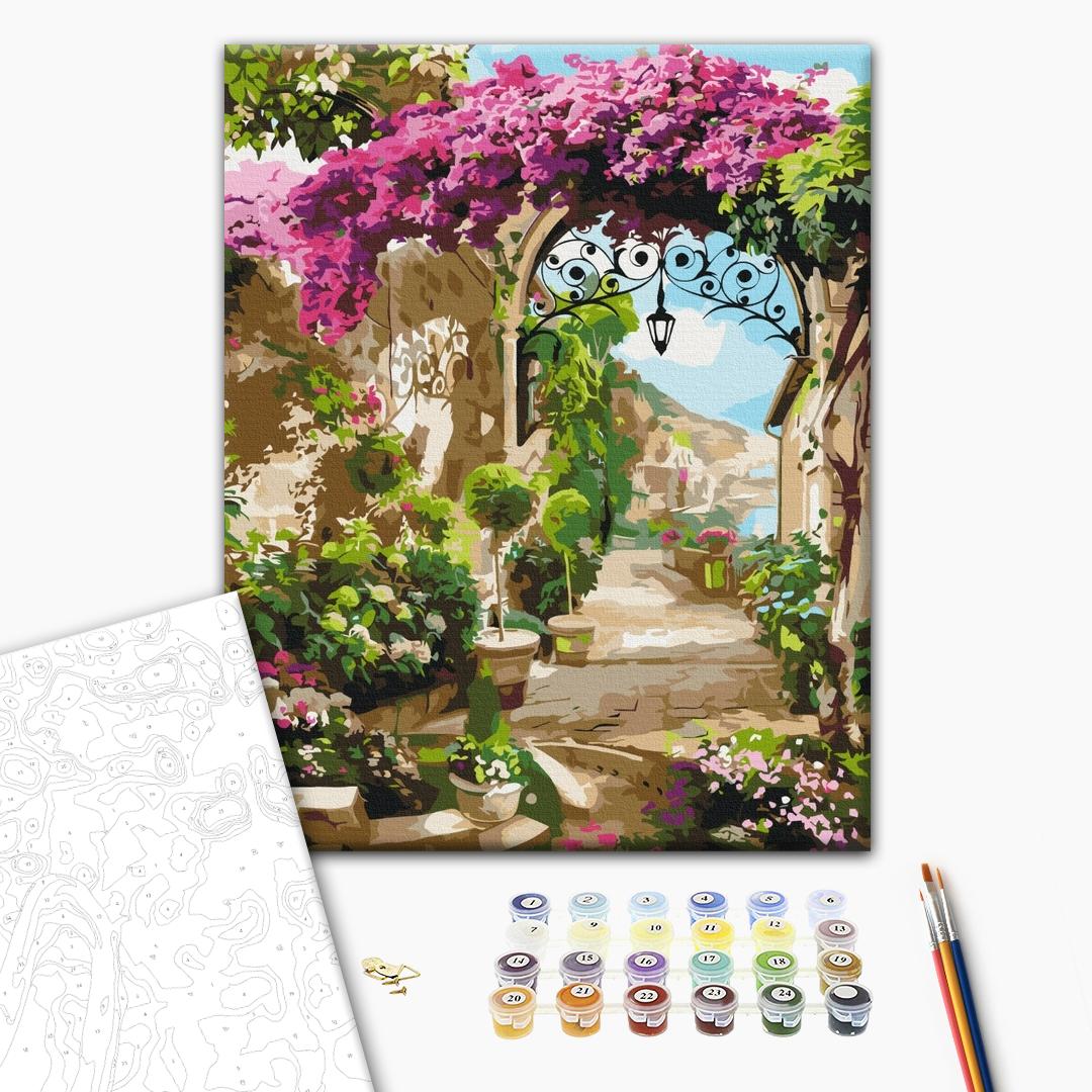 Blumenbogen - Malen nach Zahlen Bild auf Leinwand mit Pinseln und Farben