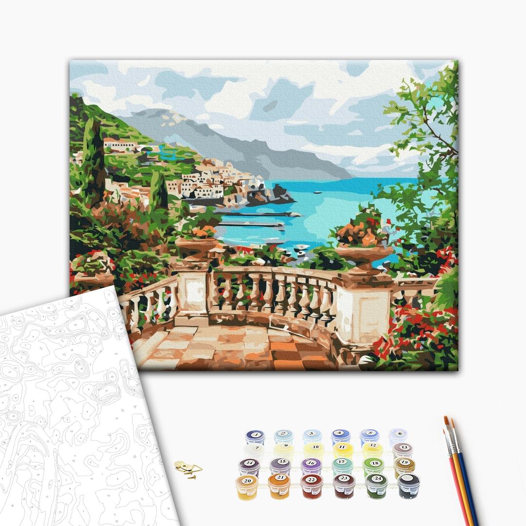 Seeblick - Malen nach Zahlen Bild auf Leinwand mit Pinseln und Farben