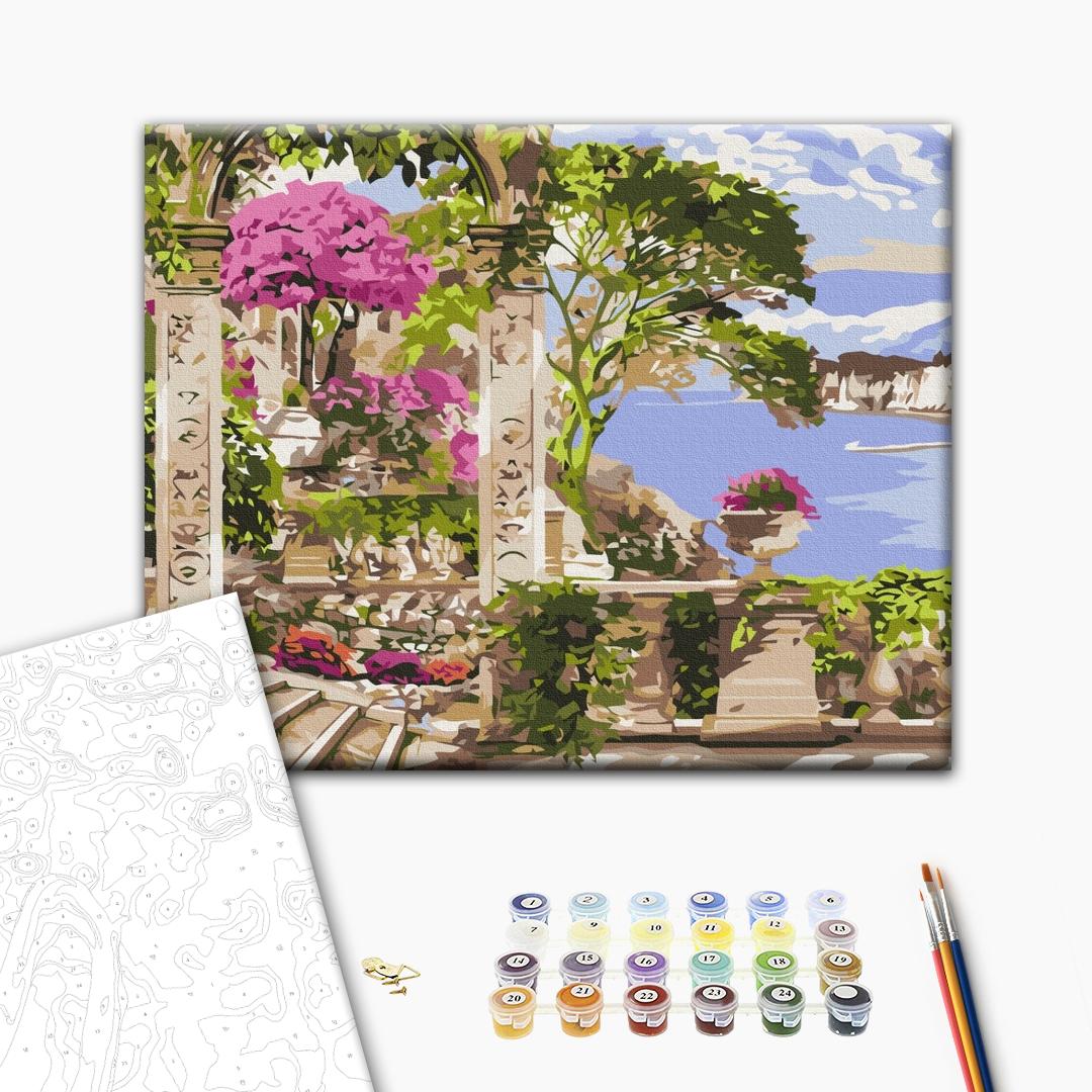 Blumen im Garten - Malen nach Zahlen Bild auf Leinwand mit Pinseln und Farben