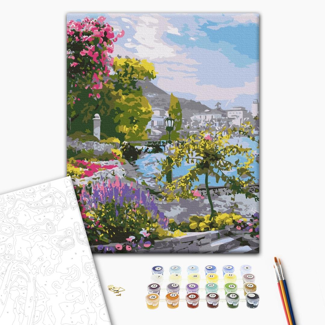Altertümlicher Garten am See - Malen nach Zahlen Bild auf Leinwand mit Pinseln und Farben