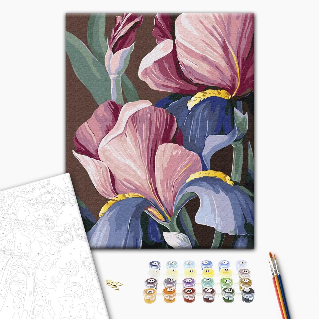 Blau-Rosa Blumen - Malen nach Zahlen Bild auf Leinwand mit Pinseln und Farben
