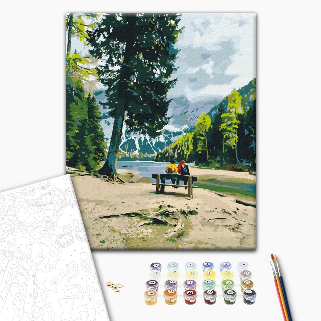 Wandern in den Bergen - Malen nach Zahlen Bild auf Leinwand mit Pinseln und Farben