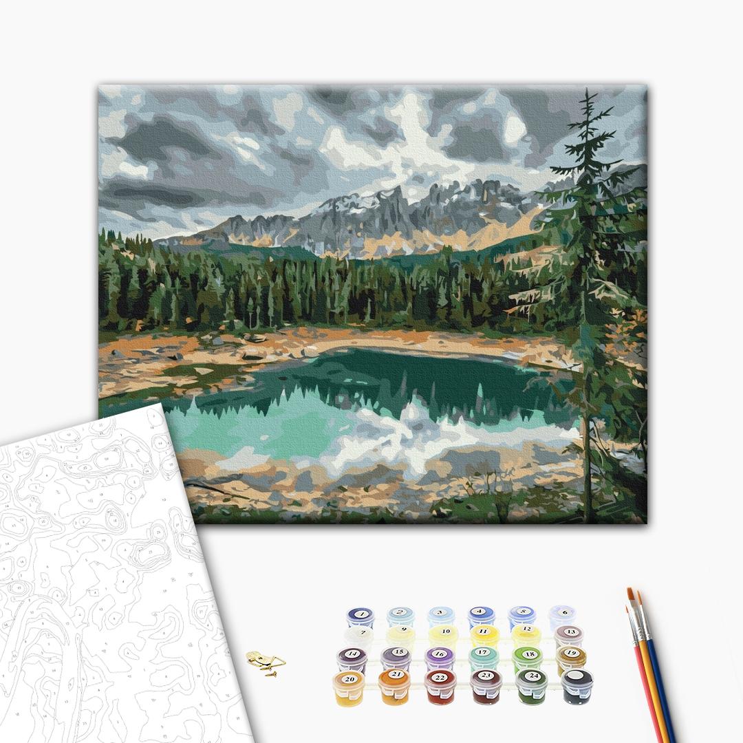 Karersee - Malen nach Zahlen Bild auf Leinwand mit Pinseln und Farben