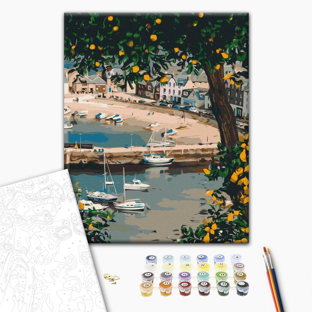 Eine malerische Bucht - Malen nach Zahlen Bild auf Leinwand mit Pinseln und Farben