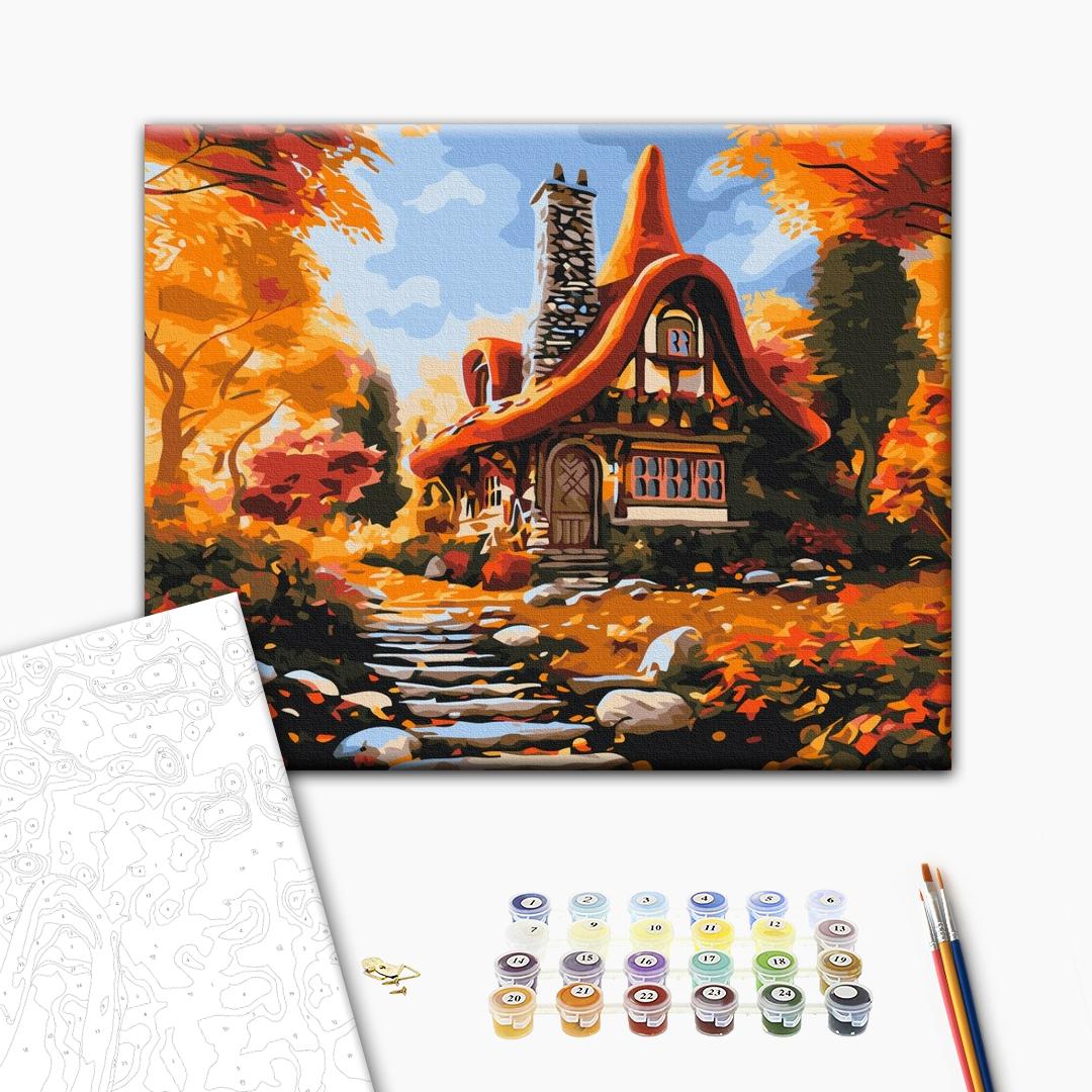 Herbsthütte - Malen nach Zahlen Bild auf Leinwand mit Pinseln und Farben
