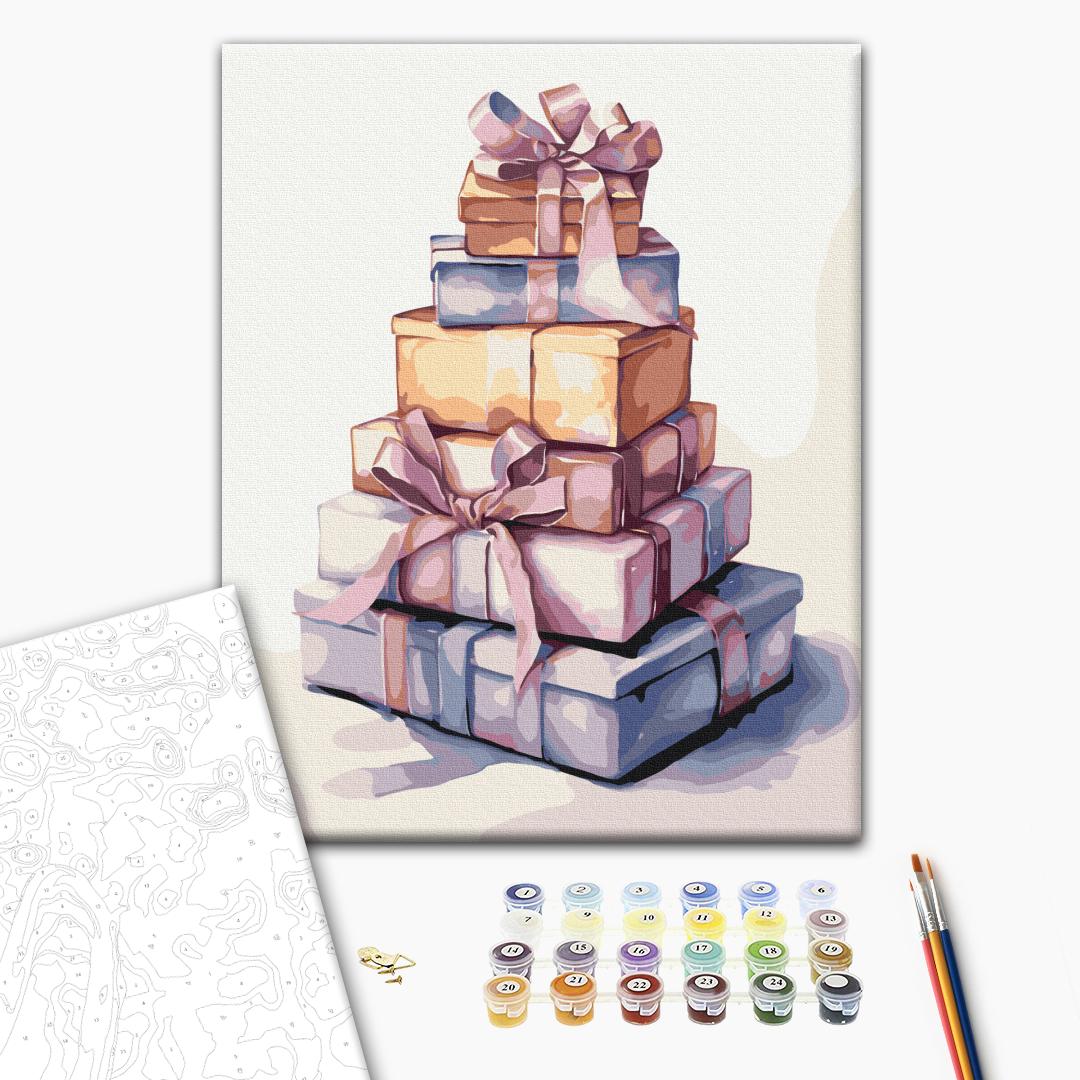 Ein Haufen Geschenke - Malen nach Zahlen Bild auf Leinwand mit Pinseln und Farben