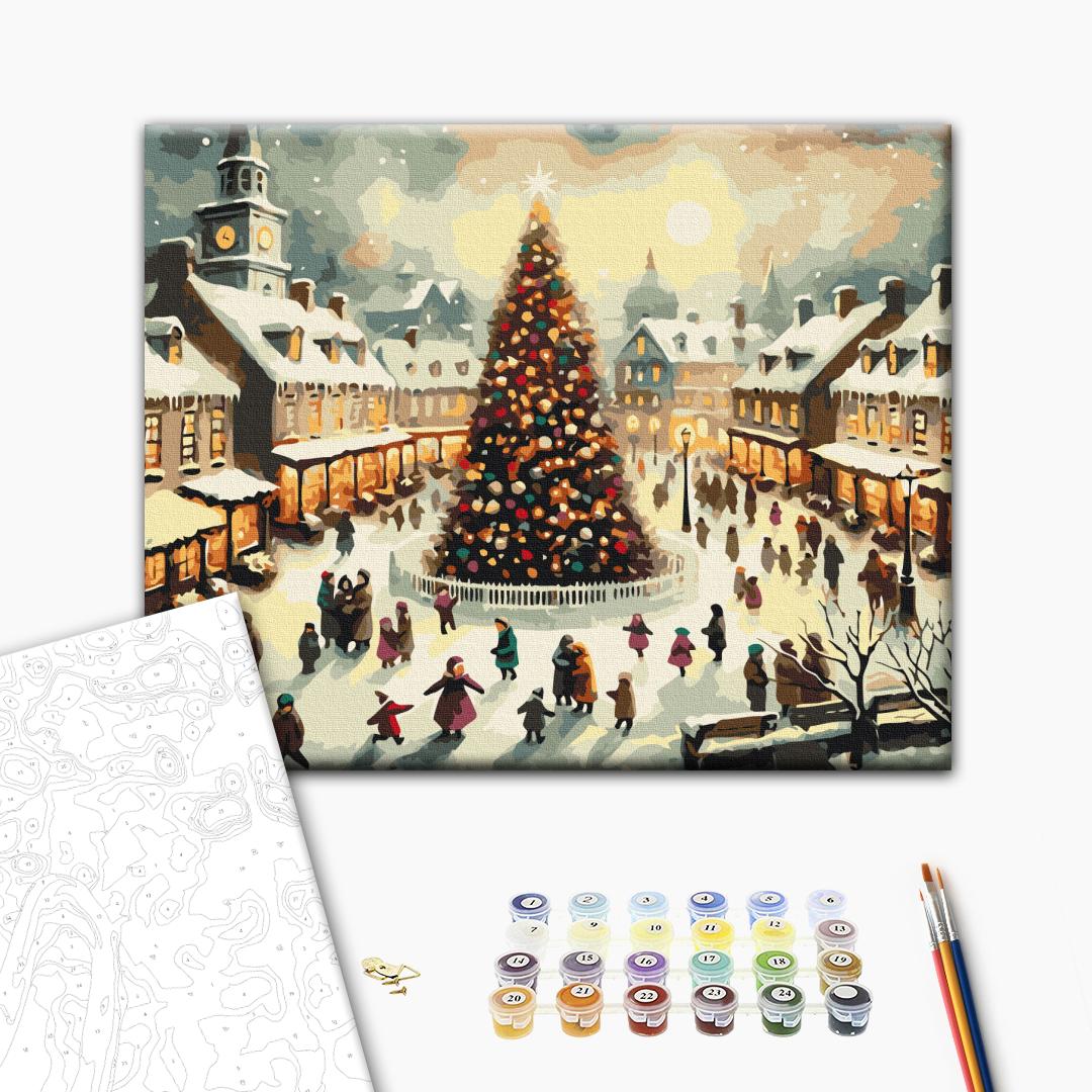 Am großen Weihnachtsbaum - Malen nach Zahlen Bild auf Leinwand mit Pinseln und Farben