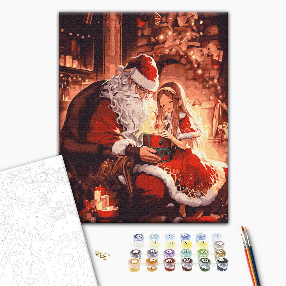 Geschenk vom Weihnachtsmann - Malen nach Zahlen Bild auf Leinwand mit Pinseln und Farben