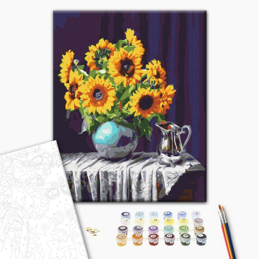 Sonnenblumen in einer Vase - Malen nach Zahlen Bild auf Leinwand mit Pinseln und Farben