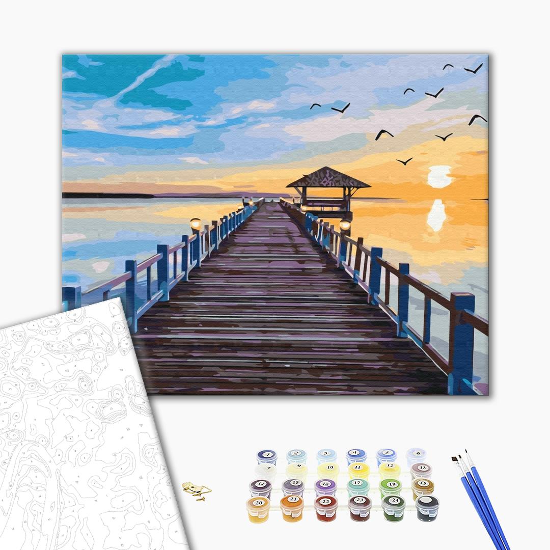 Brücke in den Sonnenuntergang - Malen nach Zahlen Bild auf Leinwand mit Pinseln und Farben