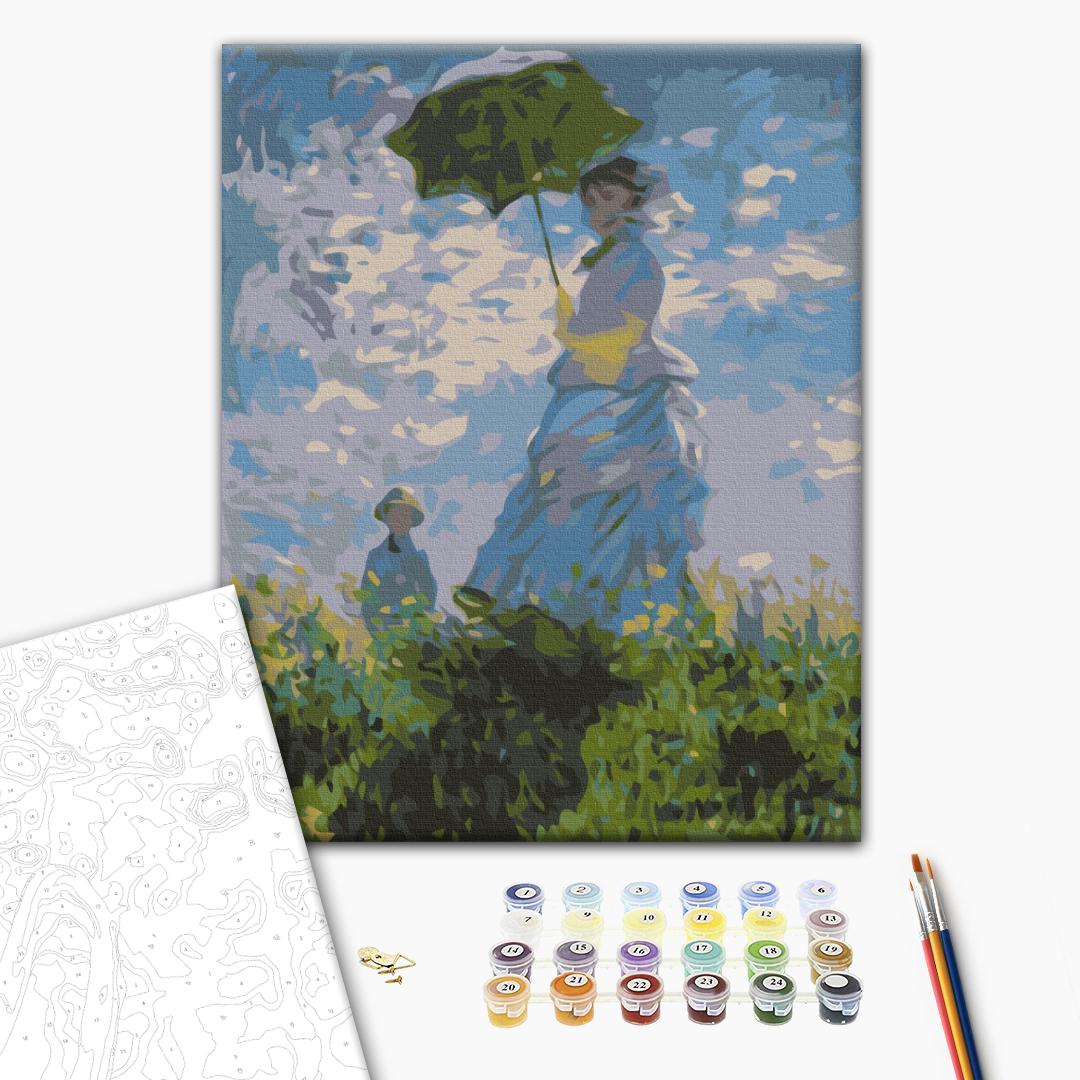 Frau mit Regenschirm von Claude Monet - Malen nach Zahlen Bild auf Leinwand mit Pinseln und Farben