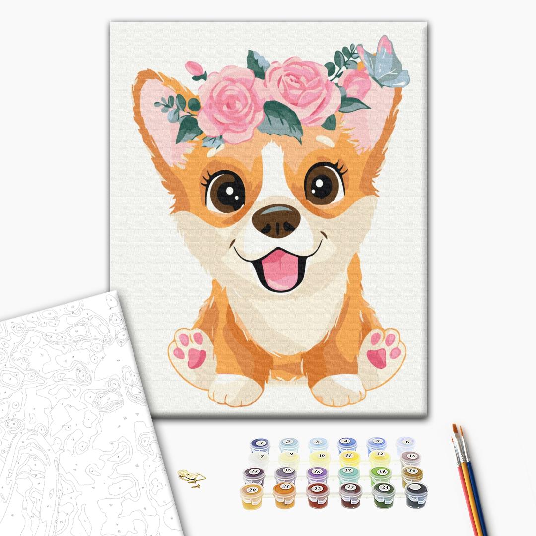 Corgi in einer Krone - Malen nach Zahlen Bild auf Leinwand mit Pinseln und Farben