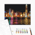 Hongkong in der Nacht - Malen nach Zahlen Bild auf Leinwand mit Pinseln und Farben