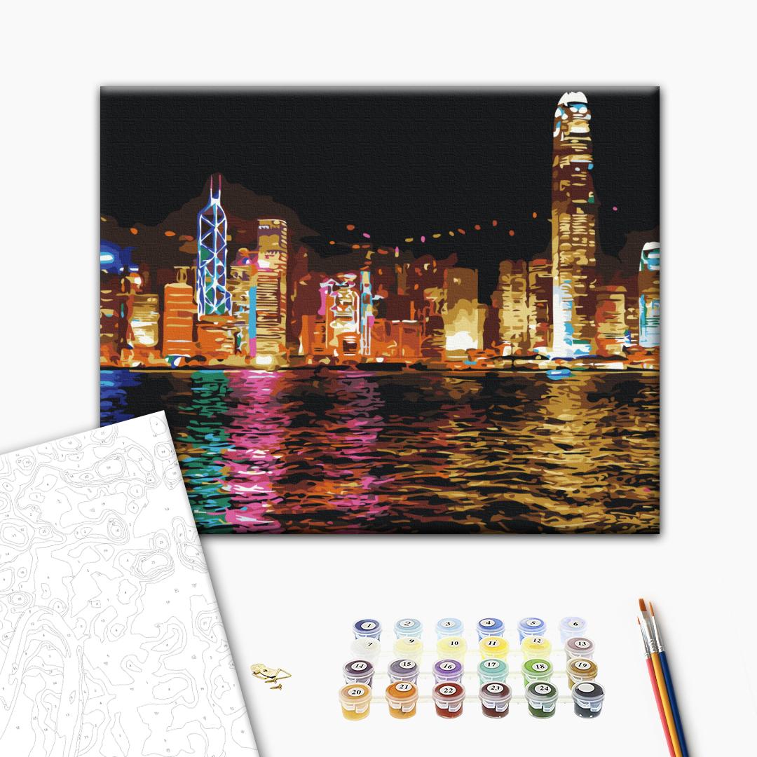 Hongkong in der Nacht - Malen nach Zahlen Bild auf Leinwand mit Pinseln und Farben