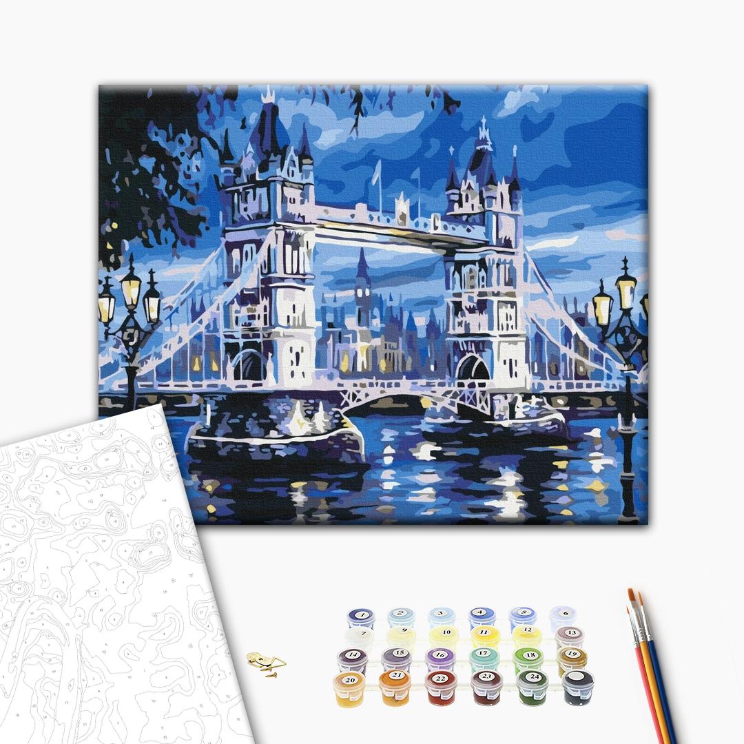 Tower Bridge bei Nacht - Malen nach Zahlen Bild auf Leinwand mit Pinseln und Farben