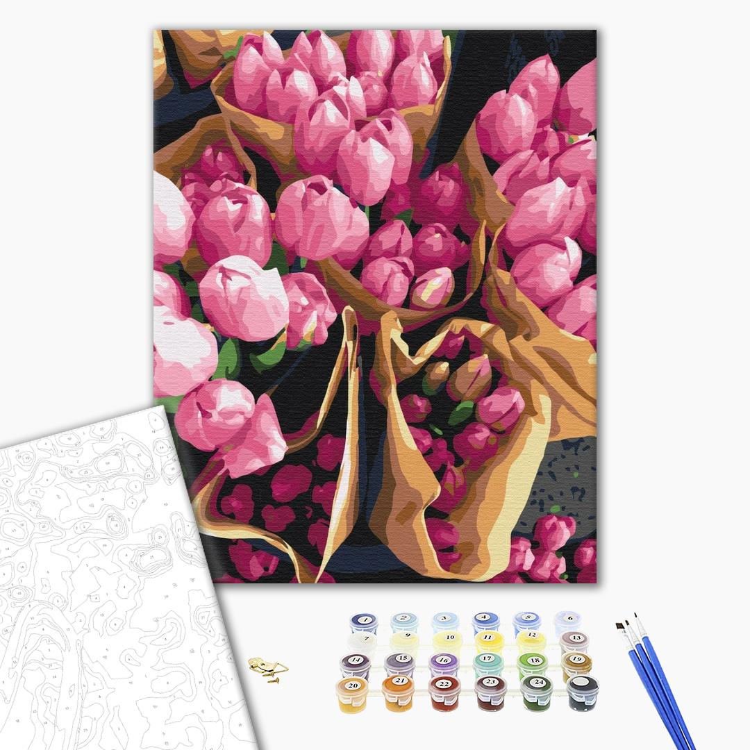 Holländische Tulpen - Malen nach Zahlen Bild auf Leinwand mit Pinseln und Farben