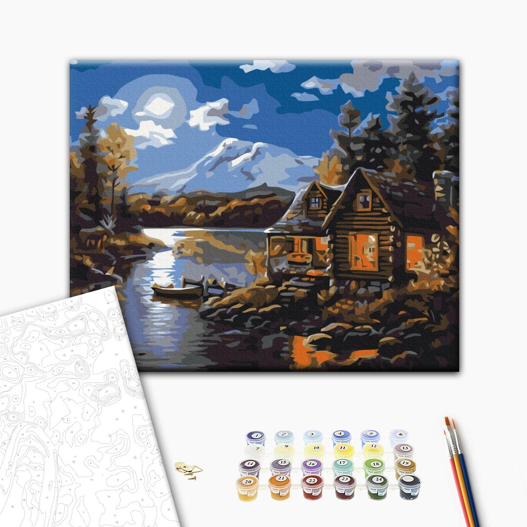 Forsthaus bei Nacht - Malen nach Zahlen Bild auf Leinwand mit Pinseln und Farben