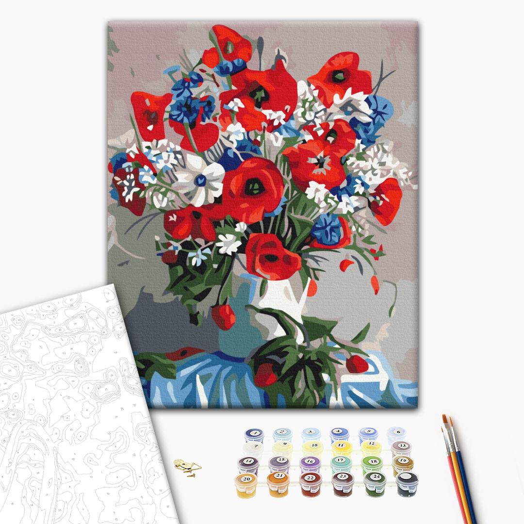 Mohnblumen in einer Vase - Malen nach Zahlen Bild auf Leinwand mit Pinseln und Farben