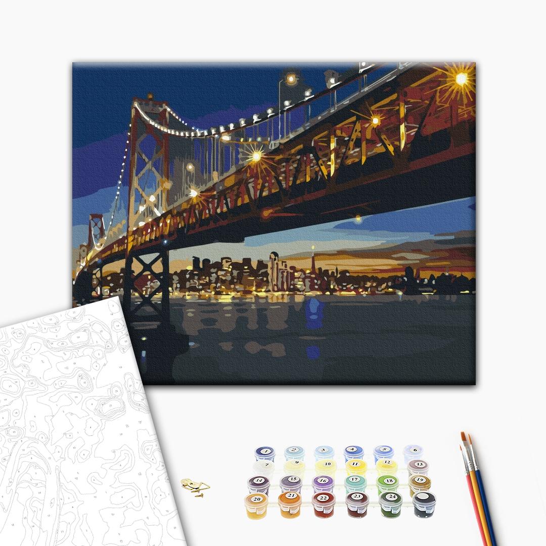 San Francisco in der Nacht - Malen nach Zahlen Bild auf Leinwand mit Pinseln und Farben
