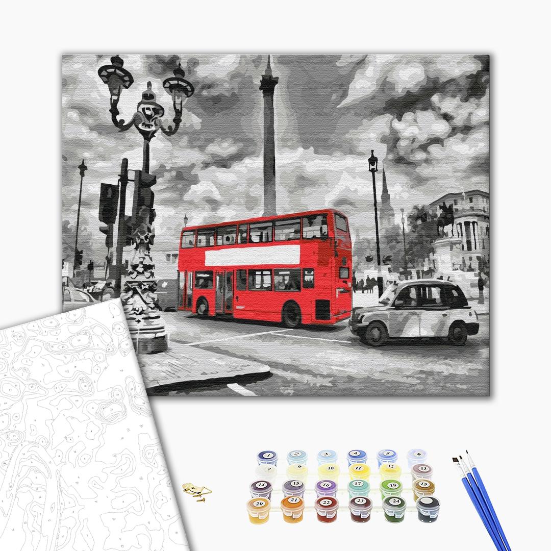 Bus in London - Malen nach Zahlen Bild auf Leinwand mit Pinseln und Farben