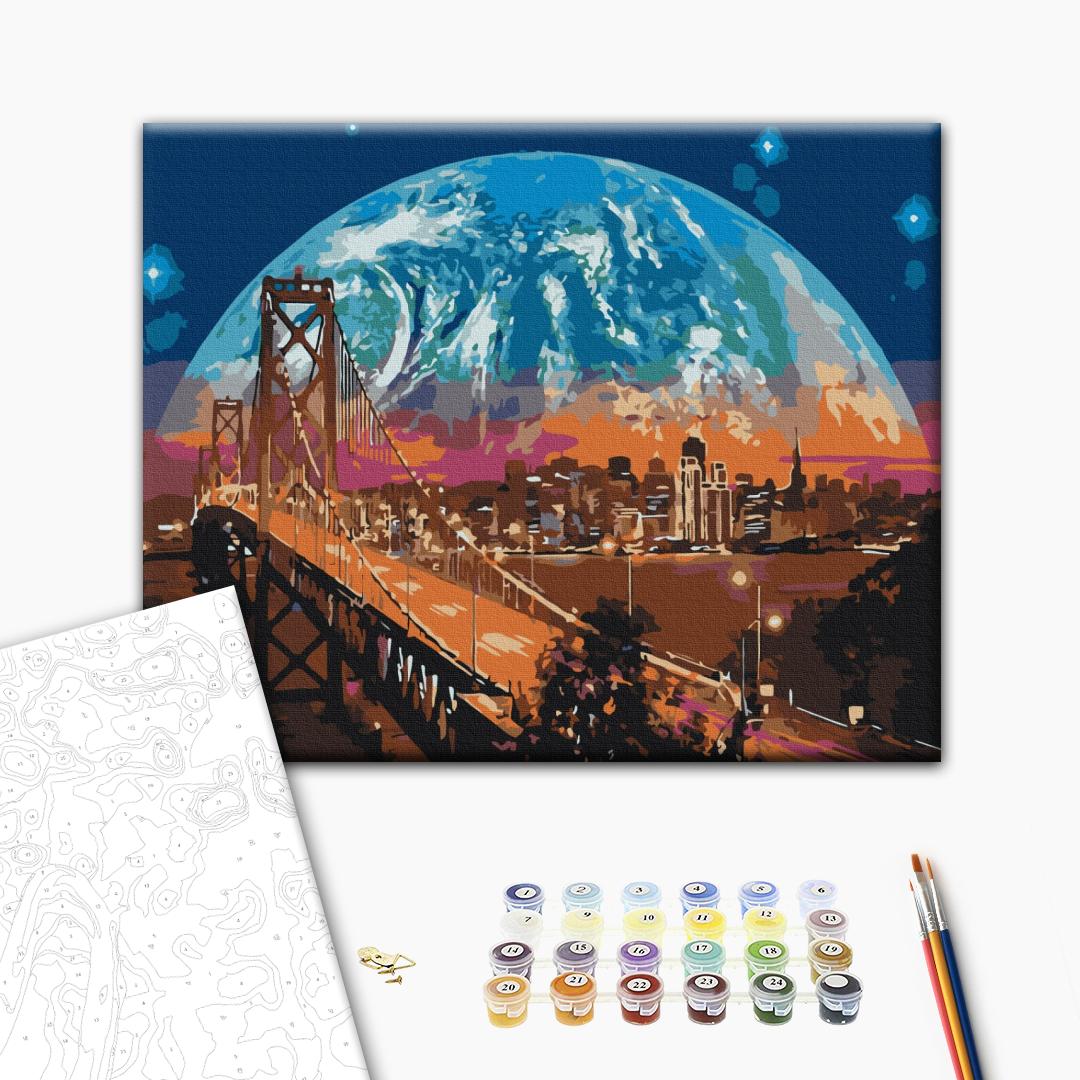 Mond über San Francisco - Malen nach Zahlen Bild auf Leinwand mit Pinseln und Farben