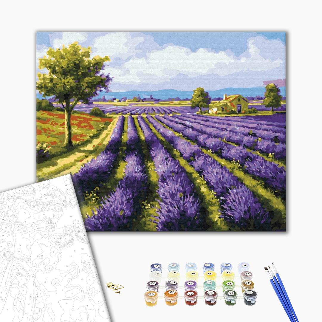 Lavendelfelder - Malen nach Zahlen Bild auf Leinwand mit Pinseln und Farben