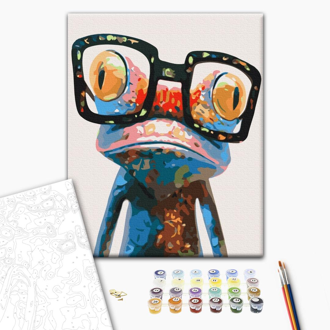 Frosch mit Brille - Malen nach Zahlen Bild auf Leinwand mit Pinseln und Farben