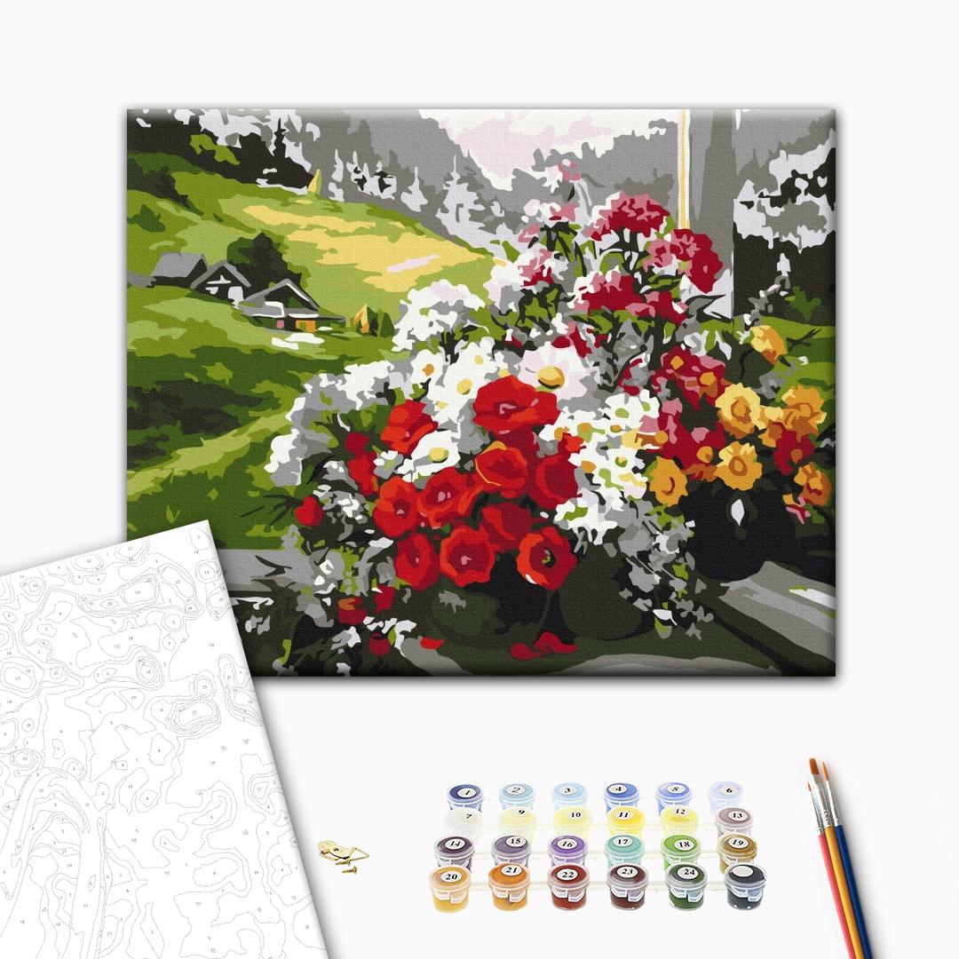 Blumensträuße am Fenster - Malen nach Zahlen Bild auf Leinwand mit Pinseln und Farben