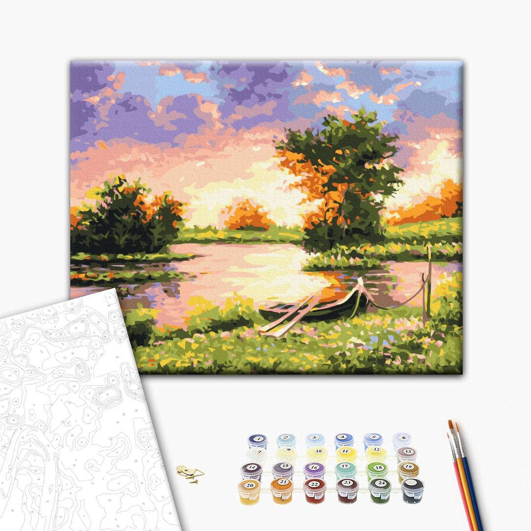 Sonnenuntergang am See - Malen nach Zahlen Bild auf Leinwand mit Pinseln und Farben