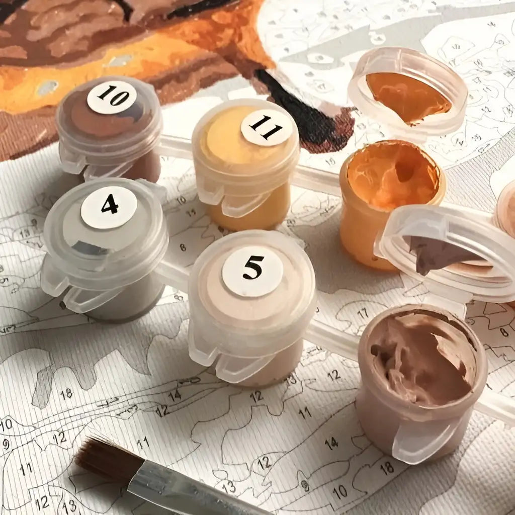 Pastelltropen: Triptychon 1 - Malen nach Zahlen Farben und Pinsel auf bemalter Leinwand